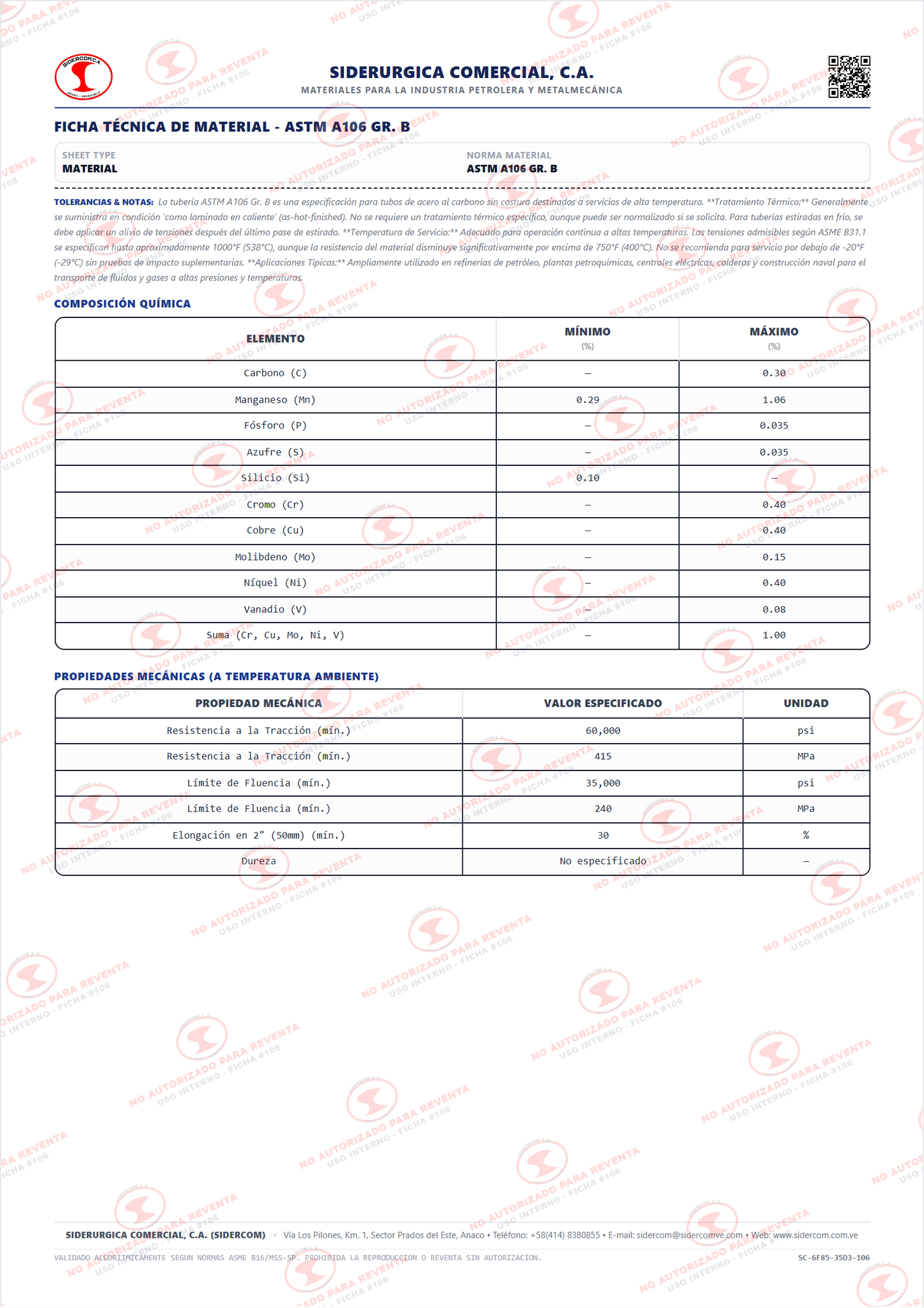 Tubería de Acero al Carbono de 6", Schedule 40/STD, Sin Costura, Extremos Biselados (BE), Trinorma (A106-B/A53-B/API 5L-B)