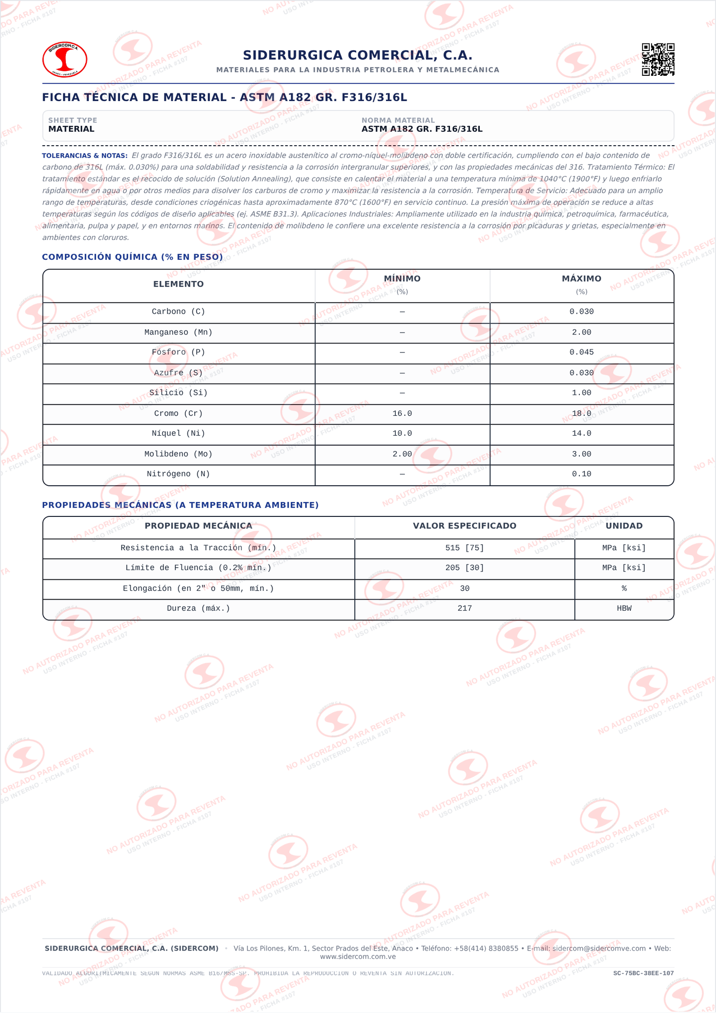 Brida Weld Neck (WN) de 1" Clase 150, Cara Realzada (RF), Acero Inoxidable A182 F304, Schedule STD/40, ASME B16.5