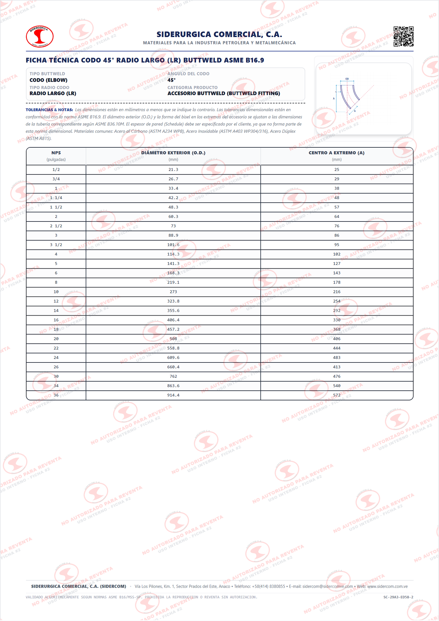 Codo 45° de 4", Radio Largo (LR), Acero al Carbono A860-WPHY42, Schedule XS/80, ASME B16.9