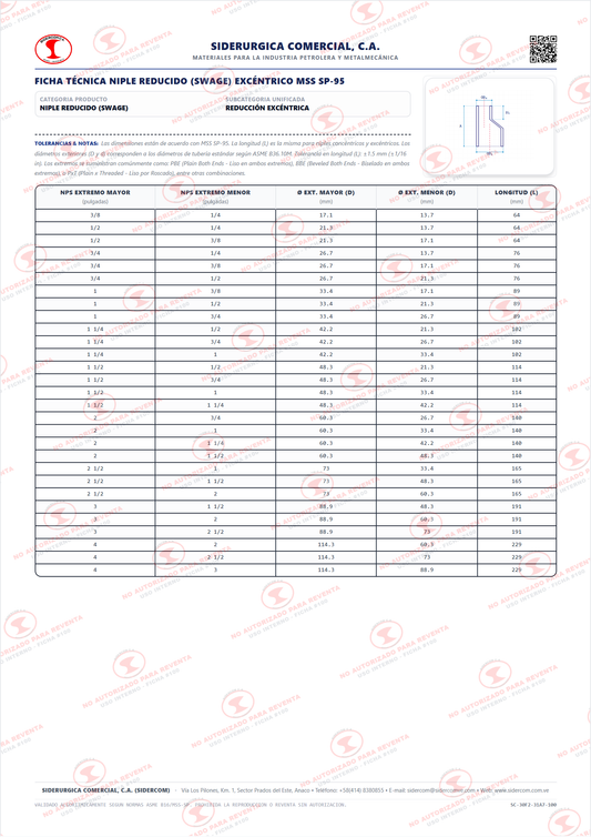 Niple Swage Excéntrico de 2" a 1/2", Acero al Carbono A105, Schedule 80, Extremos Planos (PBE), MSS SP-95