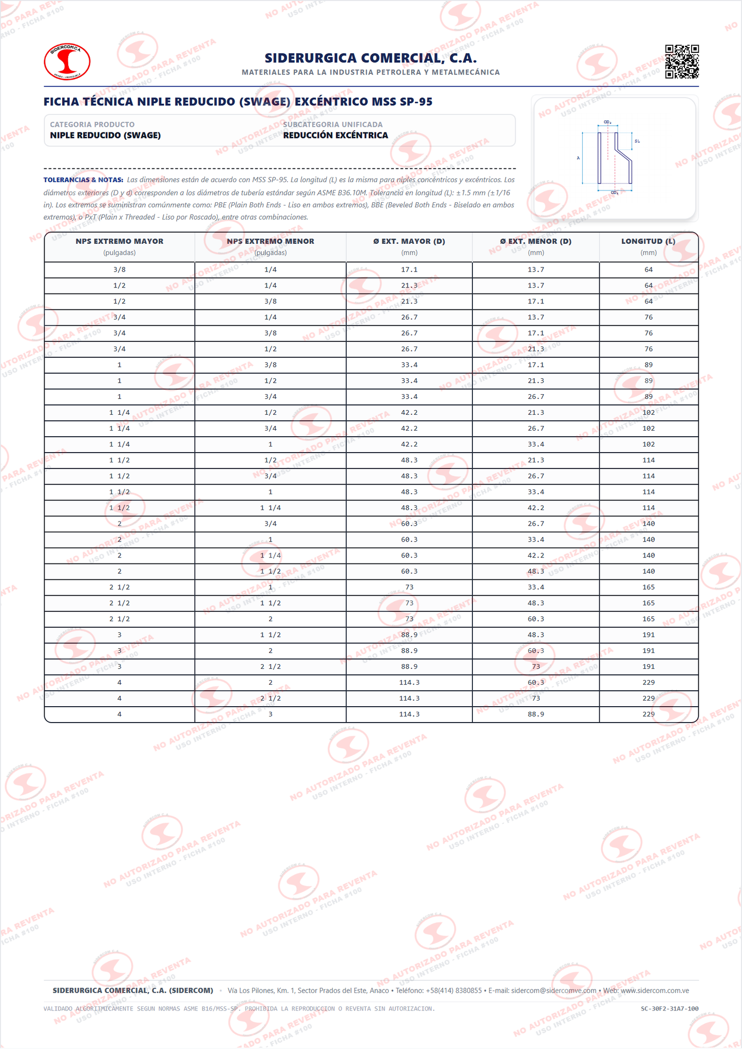 Niple Swage Excéntrico de 2" a 1", Acero al Carbono A234-WPB, Sch 160 x XXS, Extremos Biselado x Plano (BLE x PSE), MSS SP-95