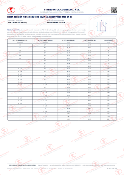 Niple Swage Excéntrico de 4" a 2", Acero al Carbono A105, Schedule STD, Extremos Biselados (BBE), MSS SP-95