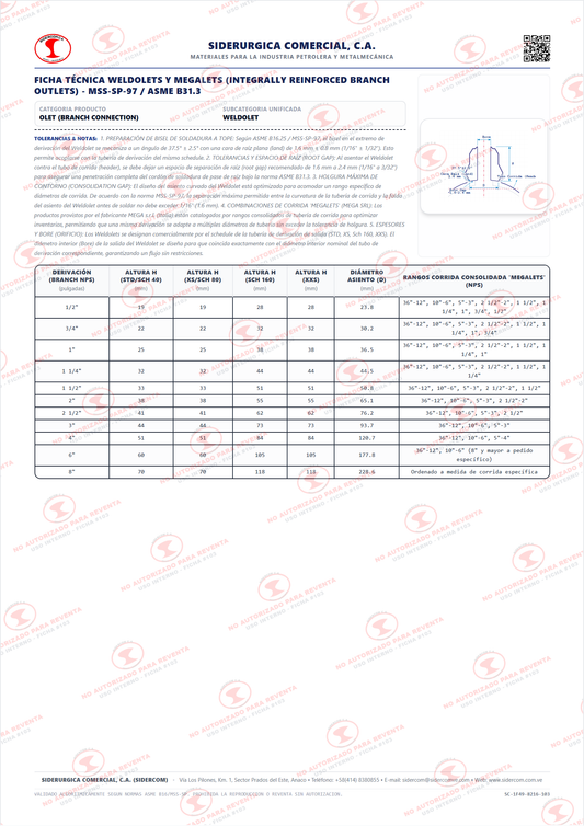 Weldolet de 16" para Tubería de 18", Schedule STD, Acero al Carbono A105, MSS-SP-97