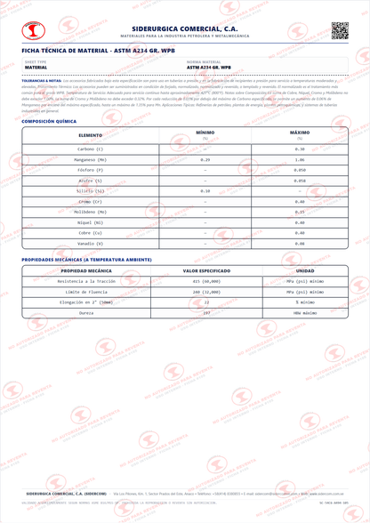 Codo 90° de 6", Radio Largo (LR), Acero al Carbono A234-WPB, Schedule STD/40, ASME B16.9