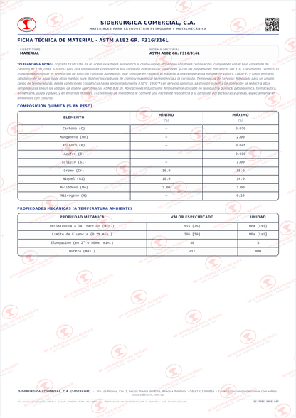 Brida Weld Neck (WN) de 8" Clase 150, Cara Realzada (RF), Acero Inoxidable A182-304, Schedule STD/40, ASME B16.5