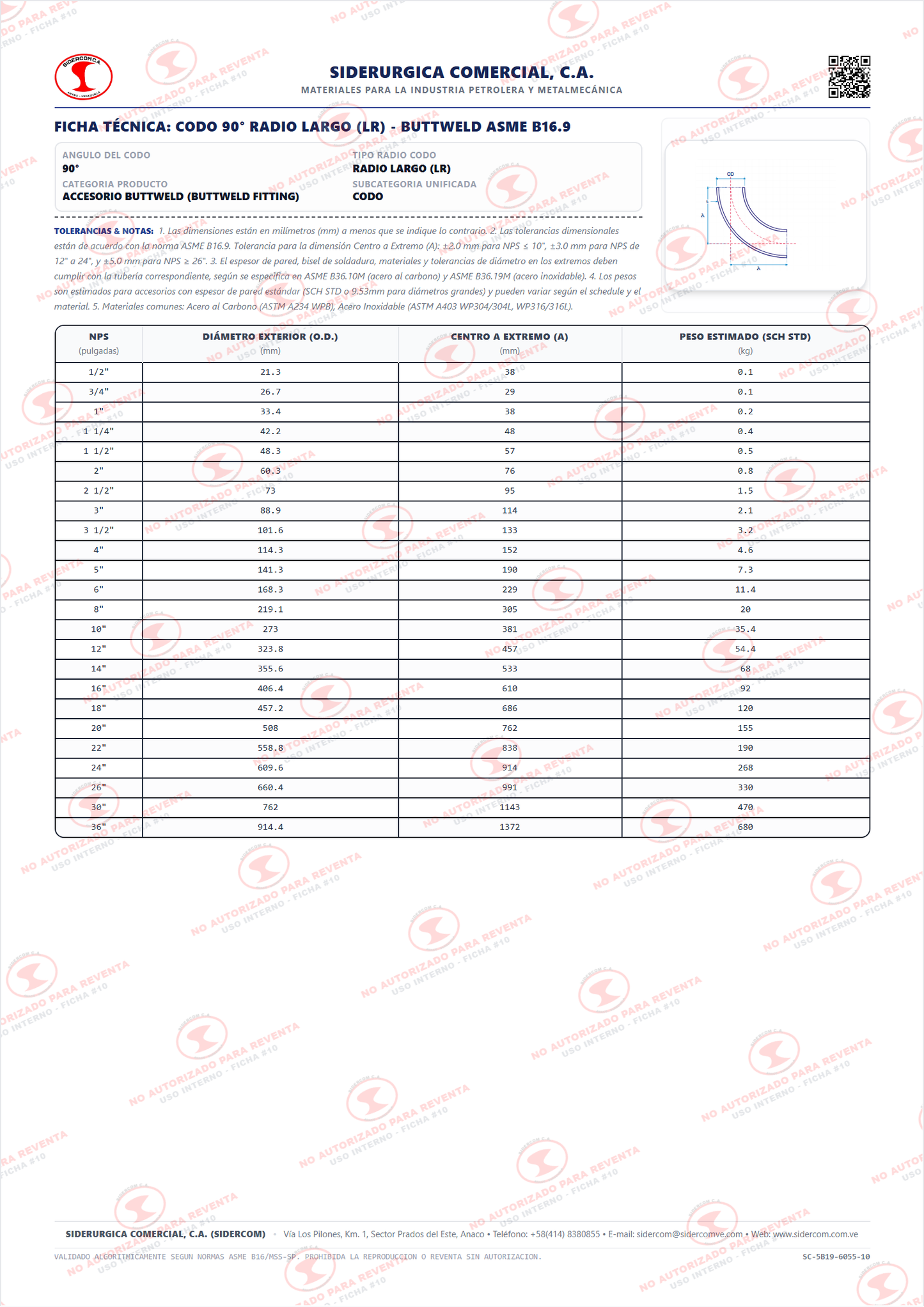 Codo 90° de 6", Radio Largo (LR), Acero al Carbono A234-WPB, Schedule STD/40, ASME B16.9