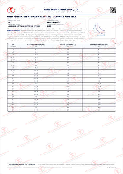 Codo 90° de 6", Radio Largo (LR), Acero al Carbono A234-WPB, Schedule STD/40, ASME B16.9