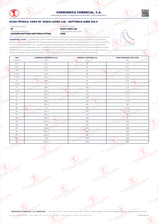 Codo 90° de 2", Radio Largo (LR), Acero al Carbono A234-WPB, Schedule XS/80, ASME B16.9