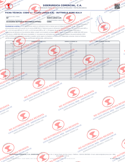 Codo 90° de 16", Radio Corto (SR), Acero al Carbono A234-WPB, Schedule STD/30, ASME B16.9