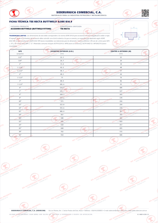 Tee Recta de 5", Acero al Carbono A234-WPB, Schedule 160, ASME B16.9