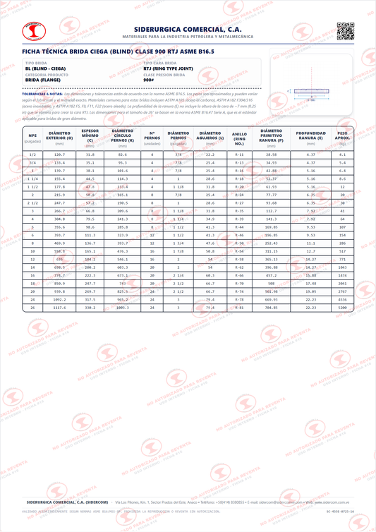 Brida Ciega (BL) de 6" Clase 900, Cara para Anillo (RTJ), Acero al Carbono A105, ASME B16.5