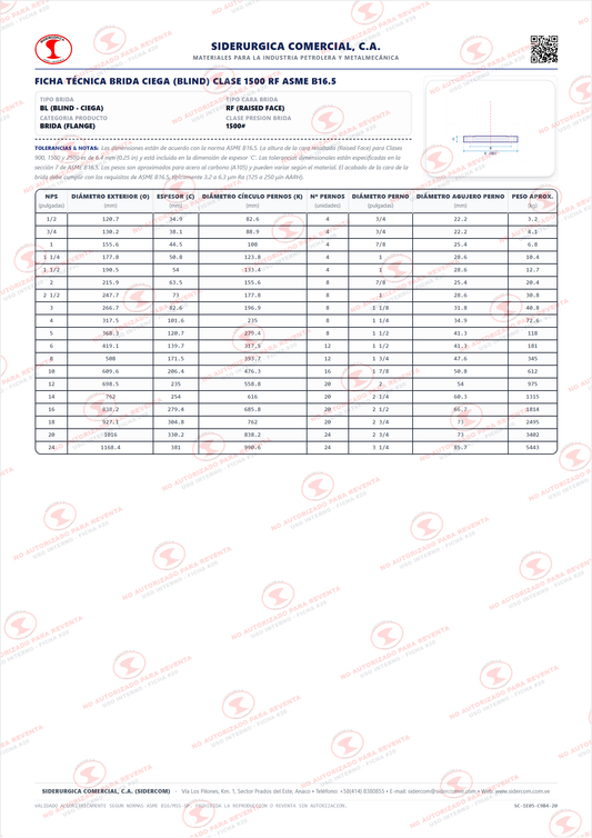 Brida Ciega (BL) de 12" Clase 1500, Cara Realzada (RF), Acero al Carbono A105, ASME B16.5