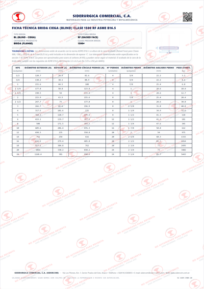Brida Ciega (Blind) de 4" Clase 1500, Cara Realzada (RF), Acero al Carbono A105, ASME B16.5