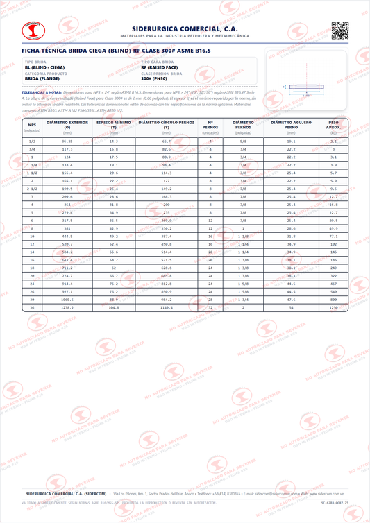 Brida Ciega (Blind) de 12" Clase 300, Cara Realzada (RF), Acero al Carbono A105, ASME B16.5