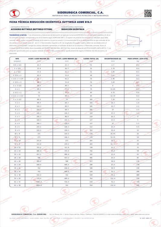 Reducción Excéntrica de 20" a 16", Acero de Alto Rendimiento A860-WPHY60, Espesor 0.688" x Sch 60, ASME B16.9 / MSS SP-75