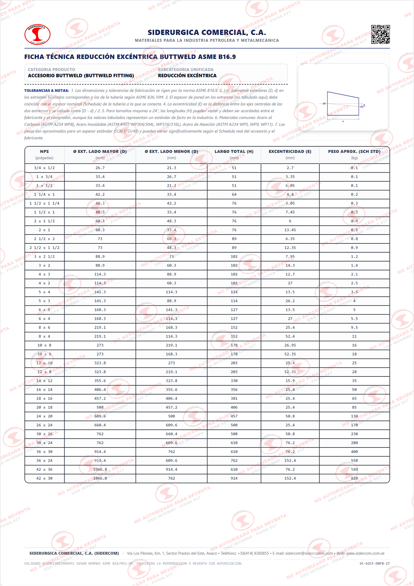 Reducción Excéntrica de 10" a 6", Acero al Carbono A234-WPB, Schedule 80 / XS, ASME B16.9