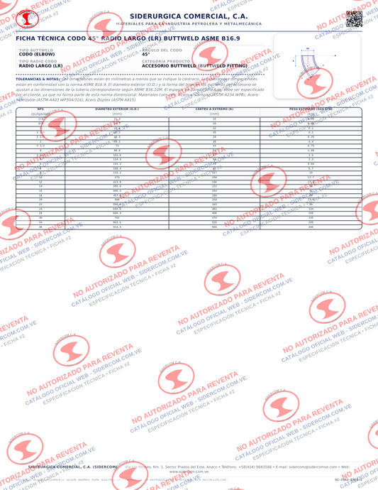 Codo 45° de 12", Radio Largo (LR), Acero al Carbono A234-WPB, Schedule 120, ASME B16.9