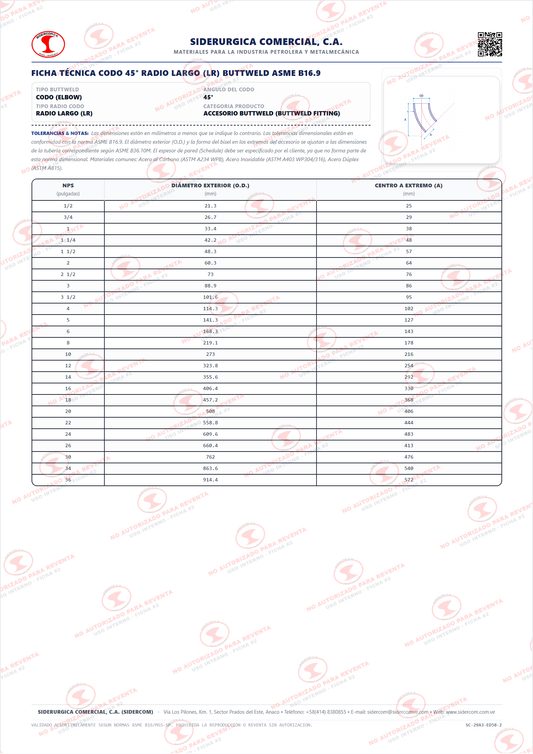 Codo 45° de 16", Radio Largo (LR), Acero al Carbono A234-WPB, Schedule STD/30, ASME B16.9