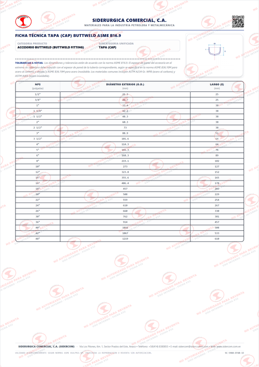 Tapa (Cap) de 3", Acero al Carbono A860-WPHY52, Schedule XXS, ASME B16.9