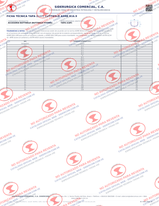 Tapa (Cap) Buttweld de 1", Acero al Carbono A234-WPB, Schedule XXS, ASME B16.9