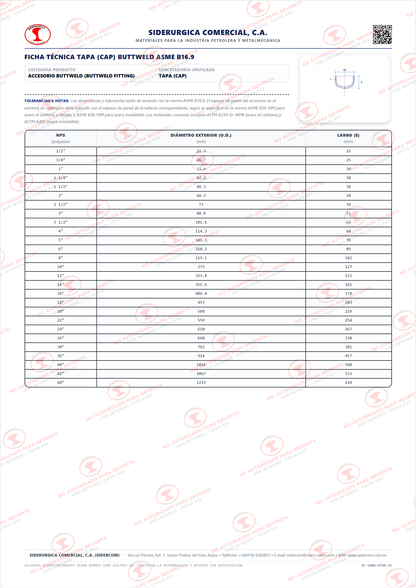 Tapa (Cap) de 1", Acero al Carbono A234-WPB, Schedule 160, ASME B16.9