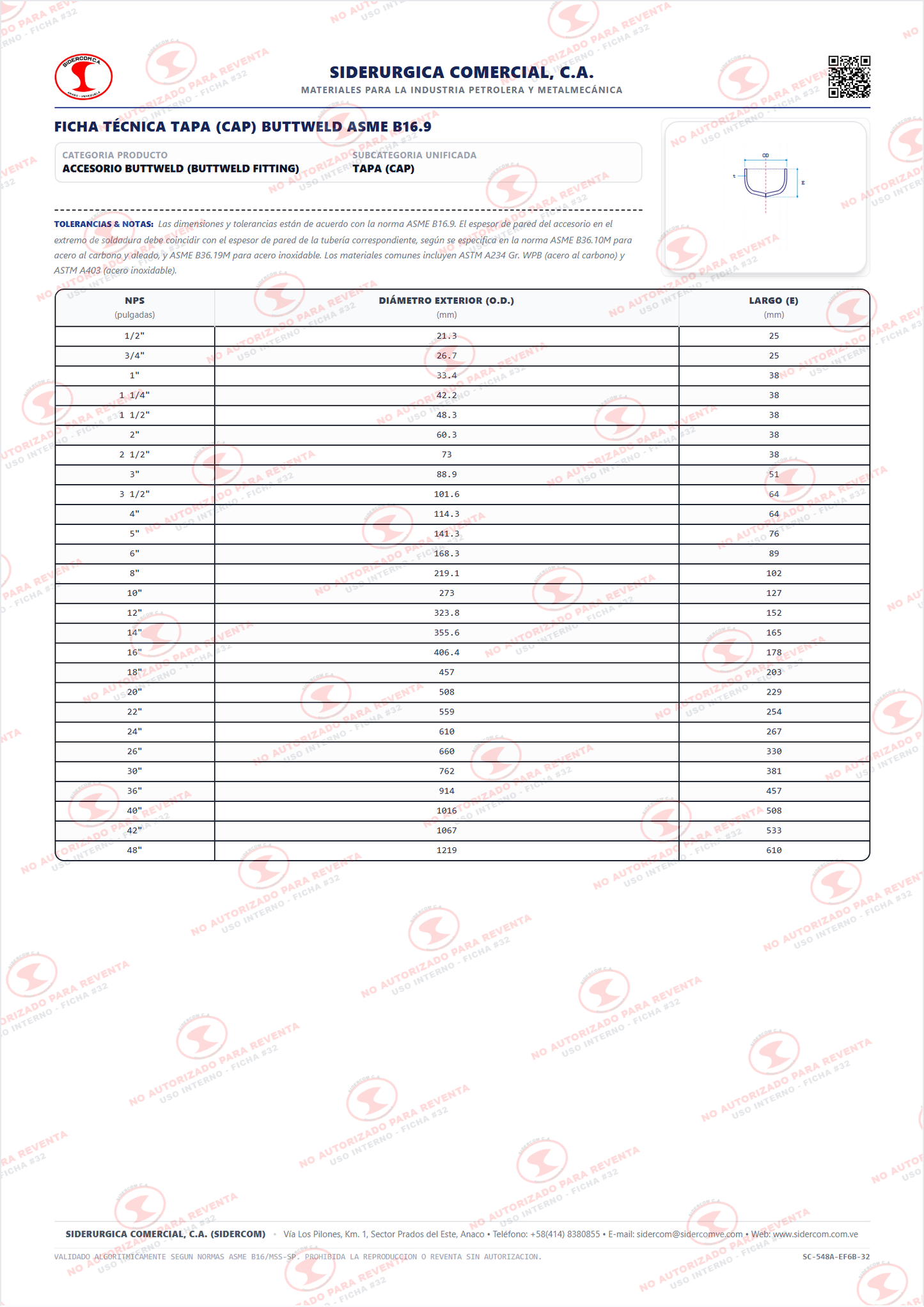 Tapa (Cap) de 3", Acero al Carbono A234-WPB, Schedule XS/80, ASME B16.9