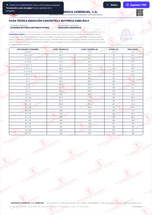 Reducción Concéntrica de 16" a 10", Acero al Carbono A234-WPB, Schedule STD/30 x STD/40, ASME B16.9