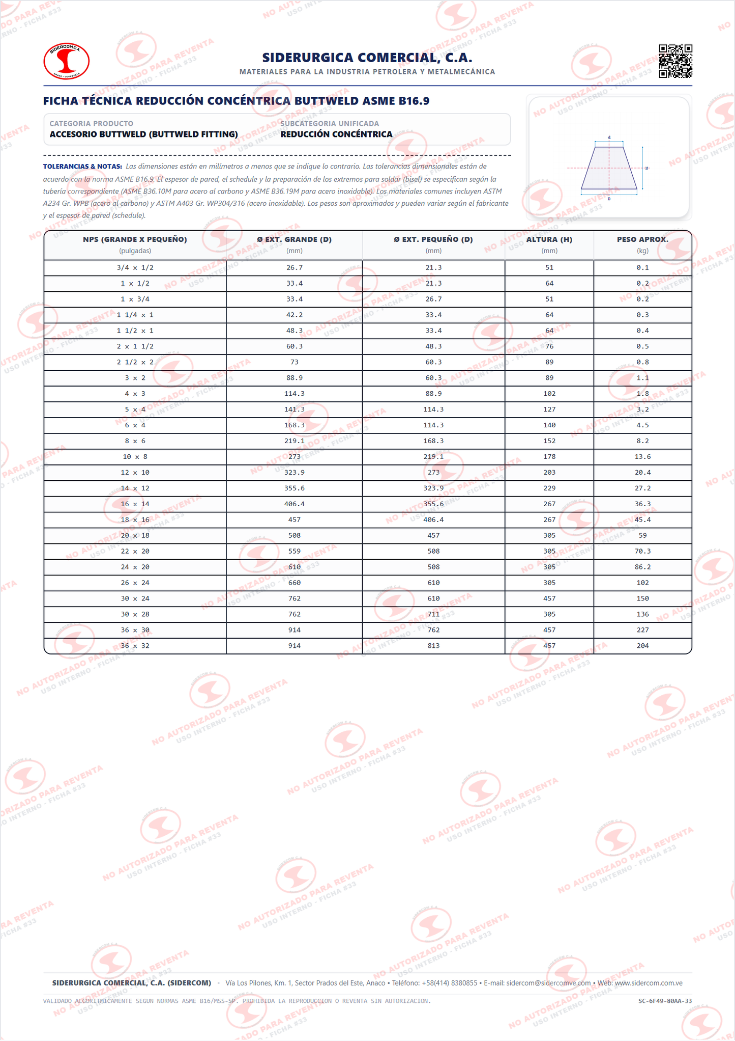 Reducción Concéntrica de 4" a 2", Acero al Carbono A234-WPB, Schedule XS/80, ASME B16.9