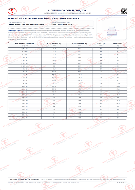 Reducción Concéntrica de 18" a 16", Acero al Carbono A234-WPB, Schedule STD x STD/30, ASME B16.9