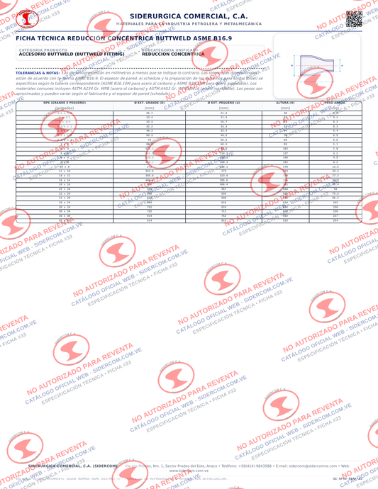 Reducción Concéntrica de 8" a 6", Acero al Carbono A234-WPB, Schedule XS/80 x XS/80, ASME B16.9