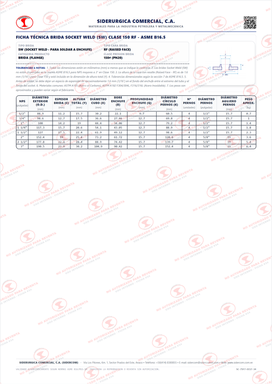 Brida Socket Weld (SW) de 1" Clase 150, Cara Realzada (RF), Acero al Carbono A105, Schedule 160, ASME B16.5