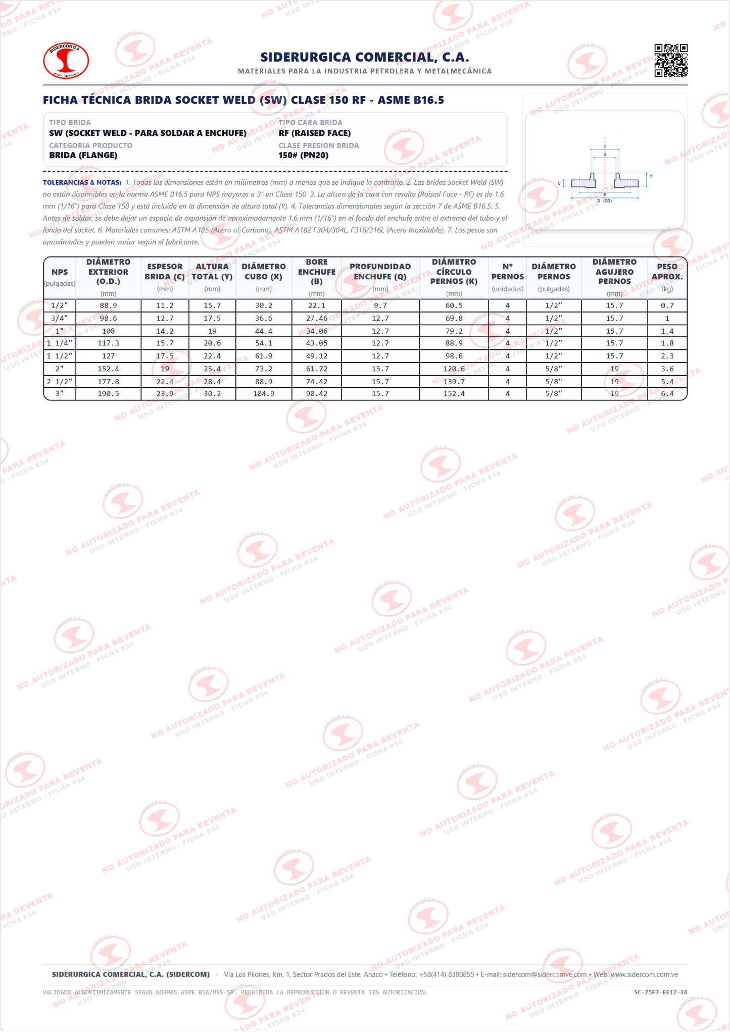 Brida Socket Weld (SW) de 1 1/4" Clase 150, Cara Realzada (RF), Acero al Carbono A105, Schedule XS/80, ASME B16.5