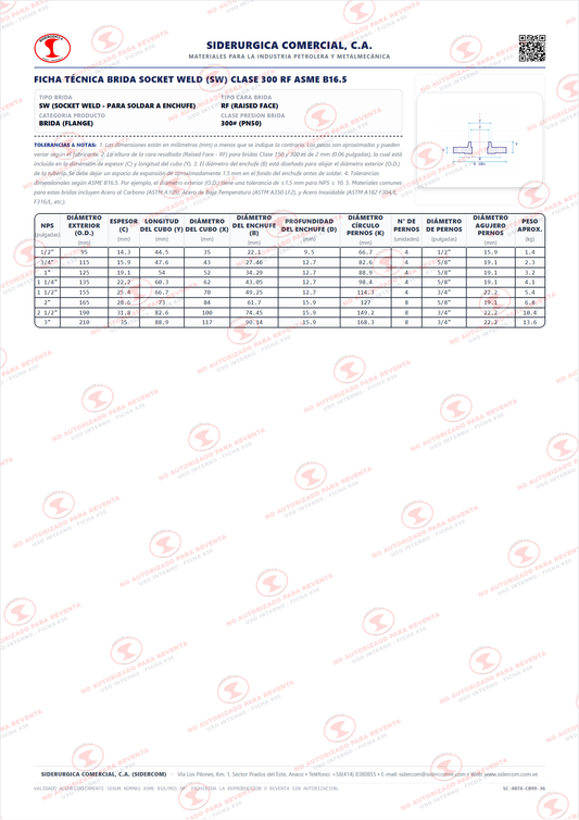 Brida Socket Weld (SW) de 1 1/2" Clase 300, Cara Realzada (RF), Acero al Carbono A105, Schedule XS/80, ASME B16.5