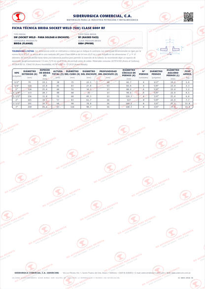 Brida Socket Weld (SW) de 1" Clase 600, Cara Realzada (RF), Acero al Carbono A105, Schedule XS/80, ASME B16.5