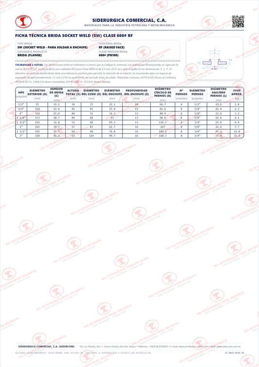 Brida Socket Weld (SW) de 1" Clase 600, Cara Realzada (RF), Acero al Carbono A105, Schedule XS/80, ASME B16.5