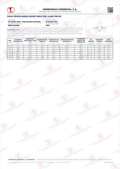 Brida Socket Weld (SW) de 1/2" Clase 1500, Cara Realzada (RF), Acero al Carbono A105, Schedule XS/80, ASME B16.5