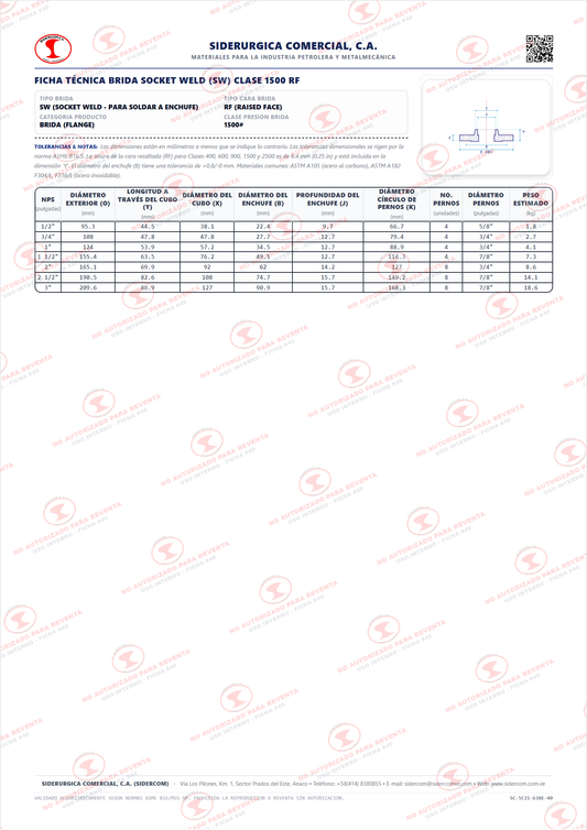 Brida Socket Weld (SW) de 2", Clase 900/1500, Cara Realzada (RF), Acero al Carbono A105, Schedule 160, ASME B16.5