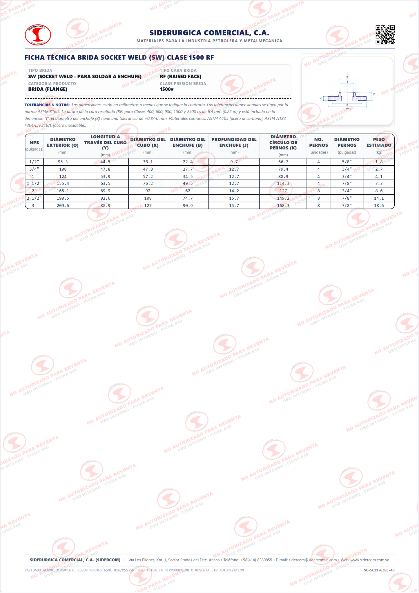 Brida Socket Weld (SW) de 1" Clase 900/1500, Cara Realzada (RF), Acero de Alto Rendimiento A694-F52, Schedule XXS, ASME B16.5