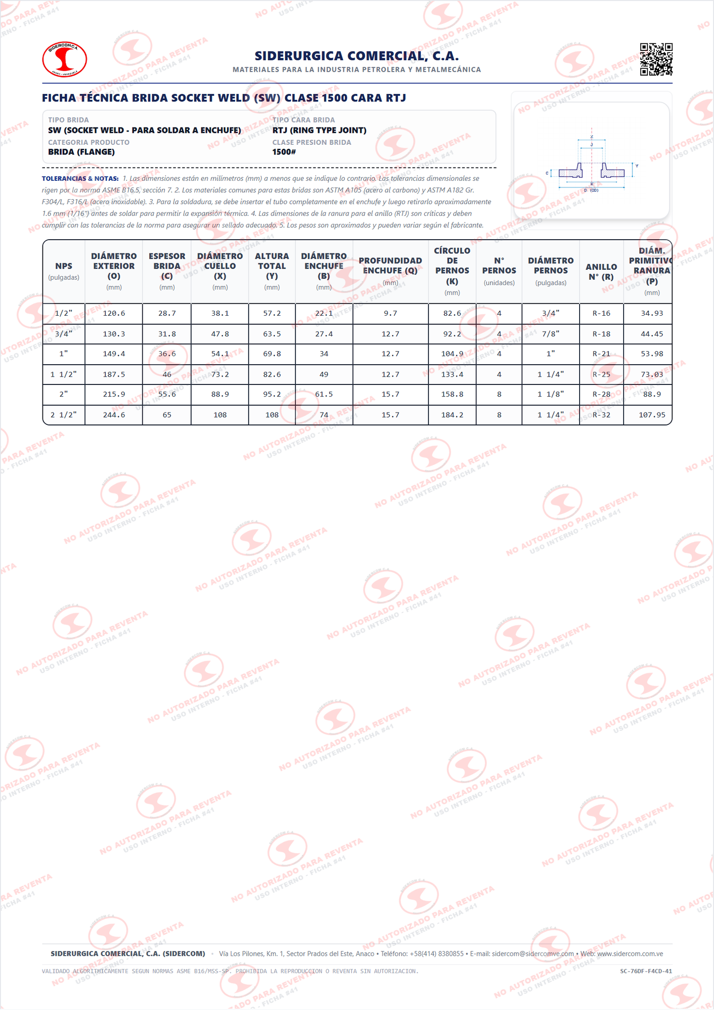 Brida Socket Weld (SW) de 3/4" Clase 1500, Cara para Anillo (RTJ), Acero al Carbono A105, Schedule 160, ASME B16.5