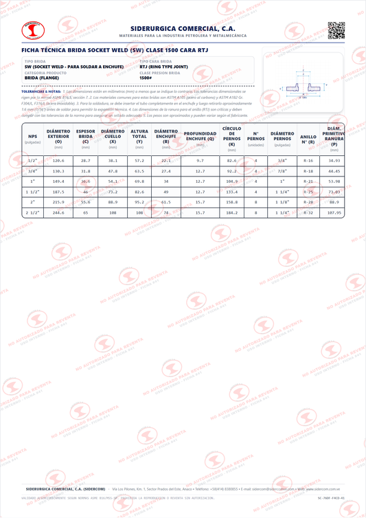 Brida Socket Weld (SW) de 3/4" Clase 1500, Cara para Anillo (RTJ), Acero al Carbono A105, Schedule 160, ASME B16.5