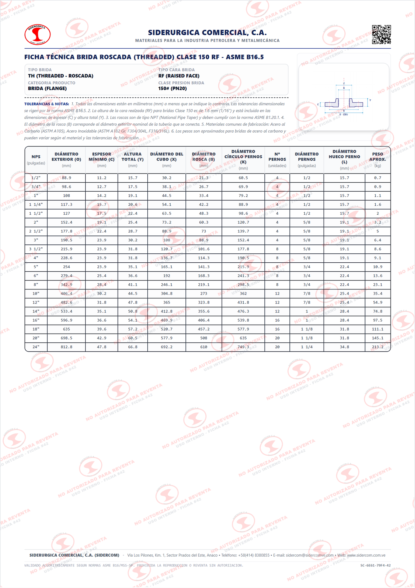 Brida Roscada Reductora de 3" a 2" Clase 150, Cara Realzada (RF), Acero al Carbono A105, ASME B16.5