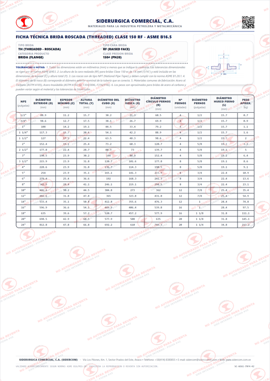 Brida Roscada Reductora de 3" a 2" Clase 150, Cara Realzada (RF), Acero al Carbono A105, ASME B16.5