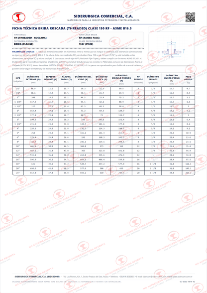 Brida Roscada (Threaded) de 3/4" Clase 150, Cara Realzada (RF), Acero al Carbono A105, ASME B16.5