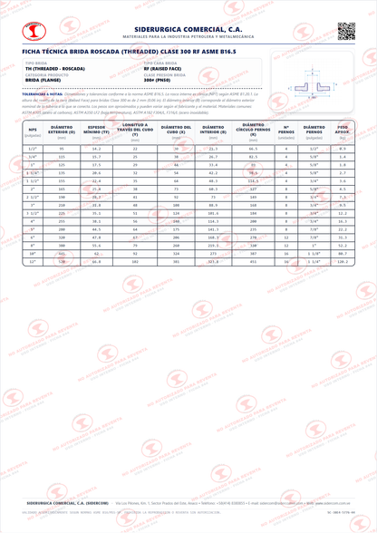 Brida Roscada (Threaded) de 1 1/2" Clase 300, Cara Realzada (RF), Acero al Carbono A105, ASME B16.5