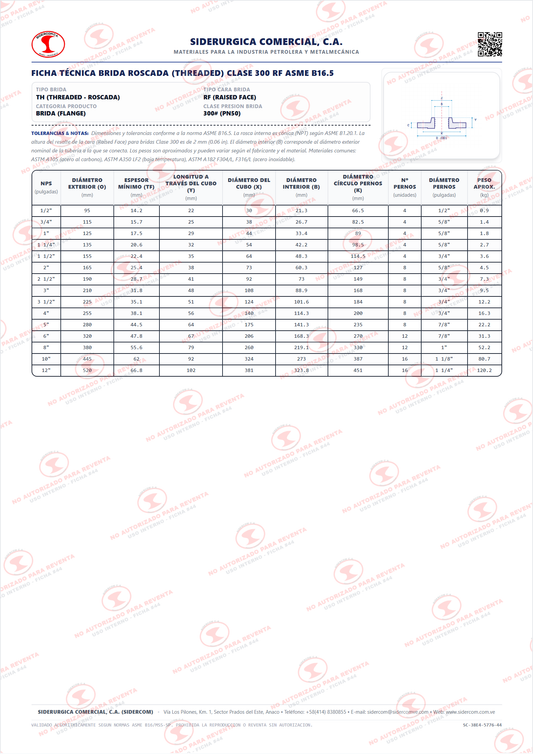 Brida Roscada (Threaded) de 1 1/2" Clase 300, Cara Realzada (RF), Acero al Carbono A105, ASME B16.5