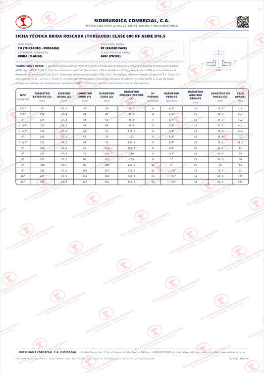 Brida Roscada (Threaded) de 3/4" Clase 600, Cara Realzada (RF), Acero al Carbono A105, ASME B16.5