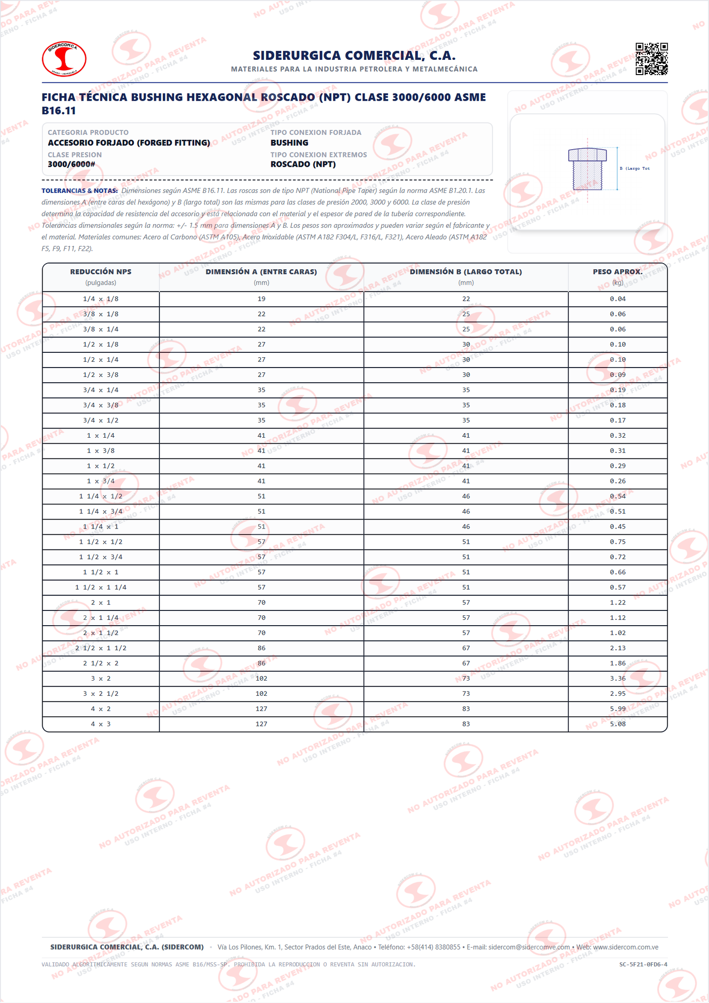 Bushing Roscado (NPT) de 1 1/2" a 1/2", Acero al Carbono A105, Clase 3000/6000#, ASME B16.11