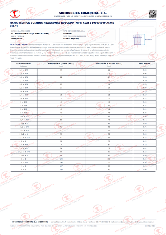 Bushing Roscado (NPT) de 1/4" a 1/8", Acero al Carbono A105, Clase 3000/6000#, ASME B16.11