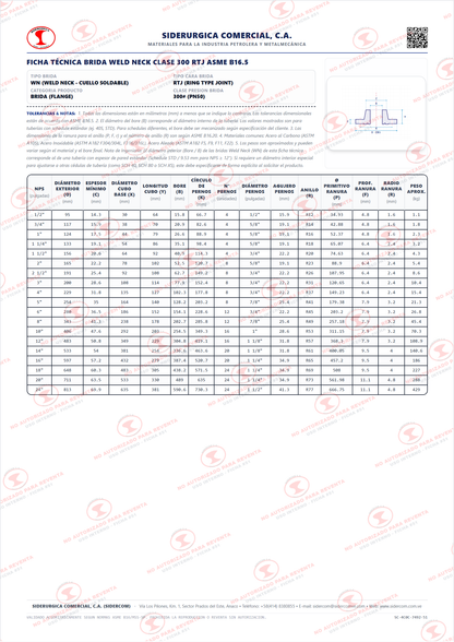 Brida Weld Neck (WN) de 1/2" Clase 300, Cara para Anillo (RTJ), Acero al Carbono A105, Schedule XS/80, ASME B16.5