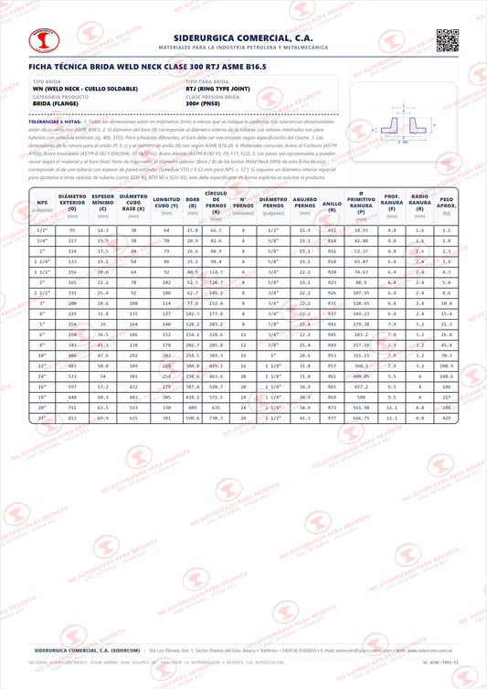 Brida Weld Neck (WN) de 3" Clase 300, Cara para Anillo (RTJ), Acero al Carbono A105, Schedule STD/40, ASME B16.5